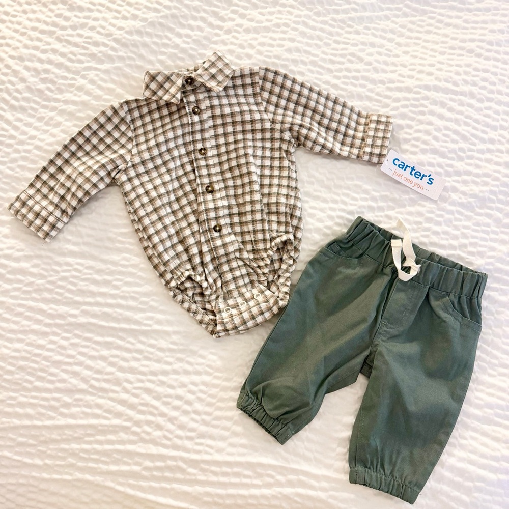 Carter's Just One You Baby Boy 2pc Plaid Button-Up Bodysuit & Pants Set Green 3M